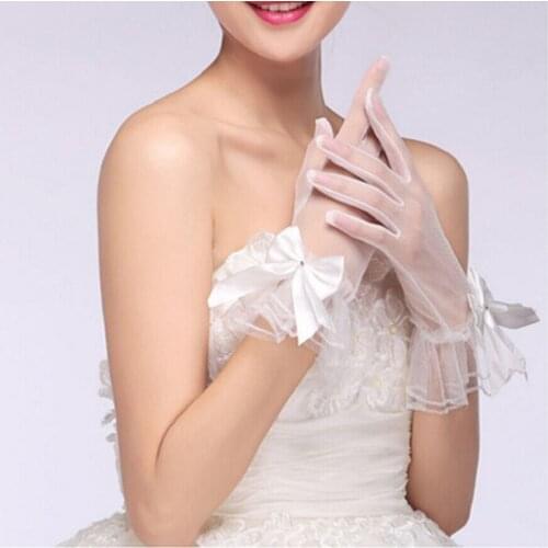 Women Lace Mesh Gloves Short Tulle Gloves Ladies White Wrist Gloves Large Bow Knot Marriage Glove Party Cosplay Accessories
