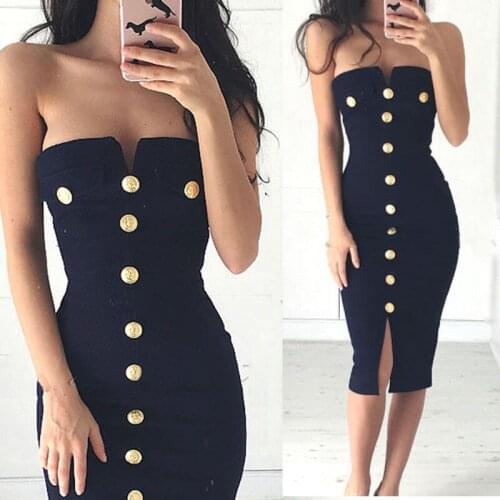 Sexy Women Summer Strapless Dress Skinny Button Mid-Calf Dress Party Cocktail Club Slim Slash Neck Dress S-XL