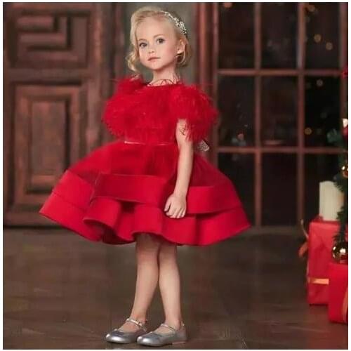 Red Infant Toddler Girls Dresses Knee Length Little Girls Christmas Festival Celebration Dresses Feather Cap Custom