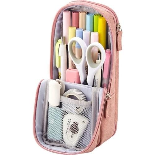 Portable 2-Layer Makeup Pouch Large Vertical Pencil Holder Bag Desk Phone Stand Washable Reusbale for Women Students