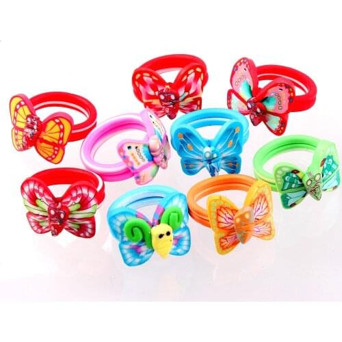 QianBei Wholesale New Childrens 20pcs Lot Mix Colour Butterfly Baby Child Girl Party Polymer Clay Finger Rings HOT