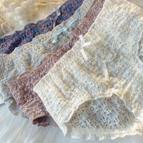 Japanese Girl British Pear Flower Bubble Cotton Sexy Underwear Breathable Hollow Floral Mid-waist Cotton Crotch Briefs Women