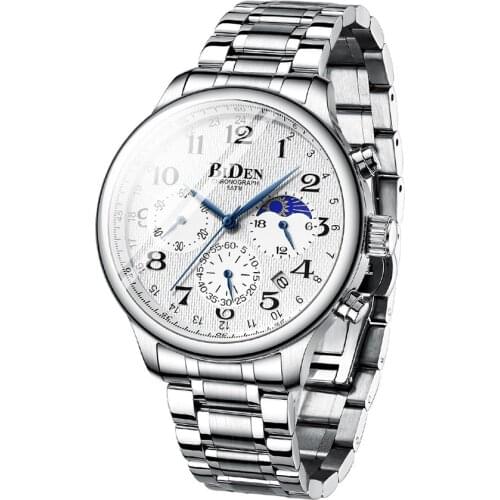 Silver Stainless Steel Men Casual Watches Bid Dial Mulit Function Chronograph Watch for Male Top Brand BIDEN Quartz Wristwatch
