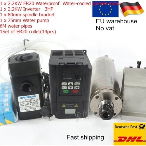 EU Ship Water Cooling Spindle Kit 2.2KW Waterproof ER20 220V & Inverter VFD 3HP & 80mm Clamp & Water Pump & ER20 collet