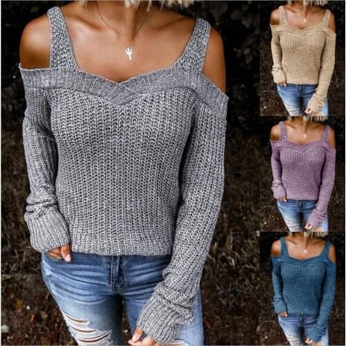 Explosive womens clothing 2021 autumn new sexy sling off-shoulder sweater solid color casual long-sleeved knitting sweater