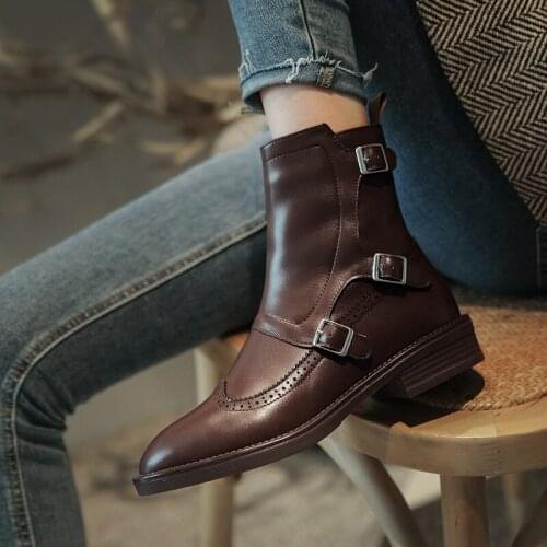 Autumn 2020 new ladies boots handmade leather round toe shoe buckle square low heel ladies boots