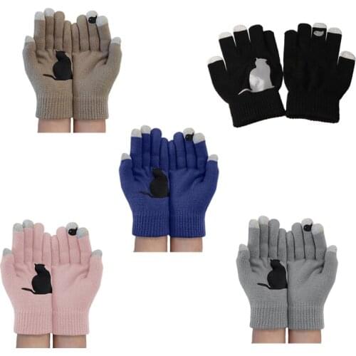 Women Winter Knitted Touchscreen Gloves Cartoon Cat Bird Irregular Warm Mittens