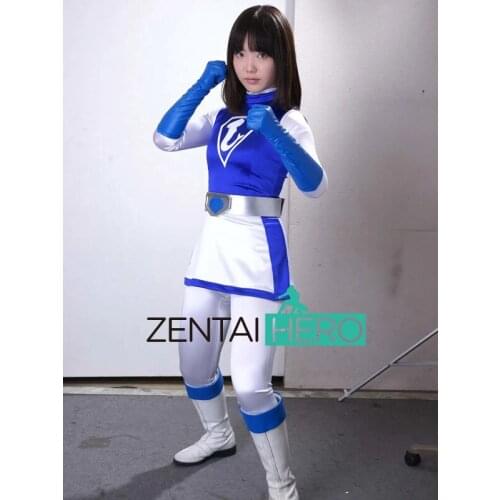 New Hot Mermaid Sexy Lady Two Pieces Super Hero Zentai Bodysuit White Blue Spandex Sexy Woman Gigalady Ranger Catsuit No Hood