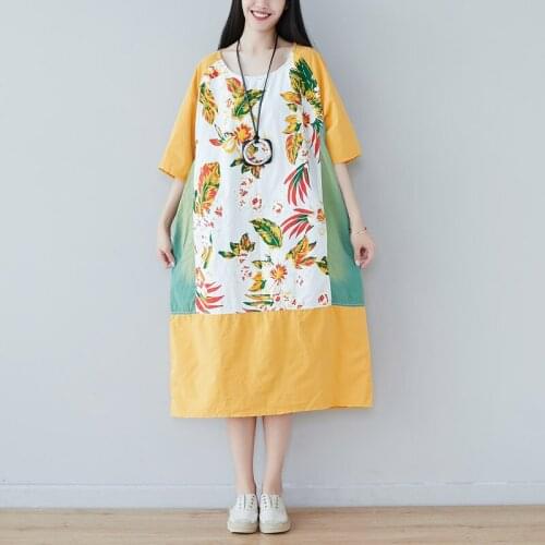 Sweet printed summer women dress long plus size loose dresses personality patchwork robe vintage elegant washed casual tide 2019