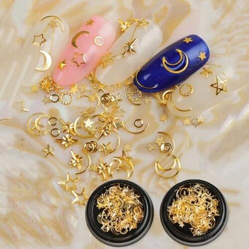 1 BOX Gold Metal Matte/Smooth Rivet Studs 3D Nail Decorations Star/Moon/Round Nail Art Decoration 3D Metal Nail Studs