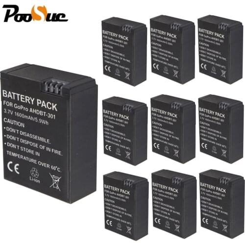 10Pcs AHDBT 301 AHDBT-301 AHDBT301 battery Li-ion 1600mAh Bateria for Gopro Hero 3/3+ GoPro HERO3 3+ Action camera accessories