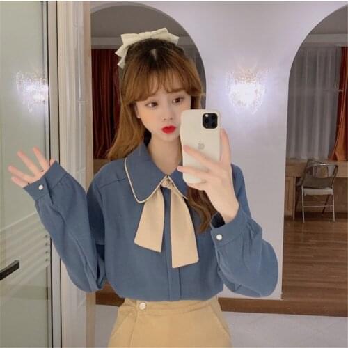 2021 Breathable Elegant Trendy Streetswear Cute Women Blouses Autumn Stylish Shirts Bow Peter Pan Collar Students Korean Style