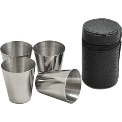 4Pcs/Set Mini Stainless Steel Polished Wine Drinking Shot Glasses Cup With Leather Cover Case Bag Barware For Home Kitchen S3