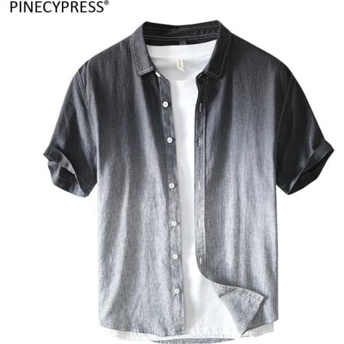 55% Linen 45% Cotton Breathable Anti-static Quality Short Sleeve Man Shirt Summer Fashion Male Gradient Color Casual Men Shirts