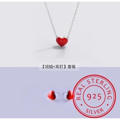 925 silver Earrings + necklace for Women Fine Jewelry Sets Cute Tiny Red Glaze Heart Stud Earrings For Girls Kids Lady Gift
