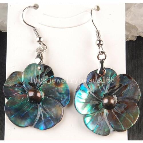 Free Shipping Women Fashion Jewelry 24mm Beatiful New Zealand Ablone Shell Art Flower Earrings 1pair C3638