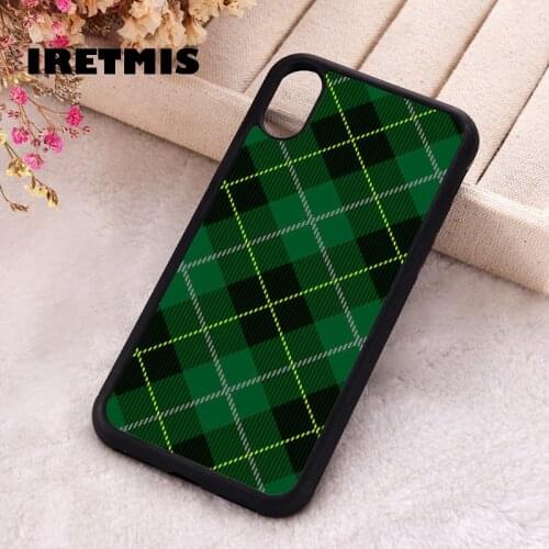 Iretmis 5 5S SE Phone Cover Case for iPhone 6 6S 7 8 Plus X Xs XR 11 12 Mini Pro Max Rubber Silicone Green Tartan Plaid Pattern