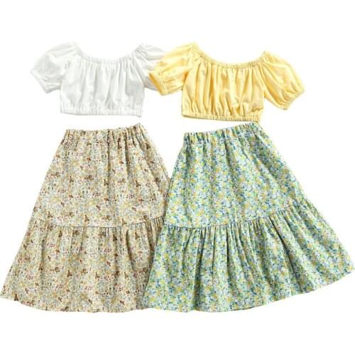 2 Pieces Baby Clothes Girls Dress Kids Suit Set Summer Solid Color O-Neck Short Sleeve Tops Flower Print Long Skirt 2-7 Years