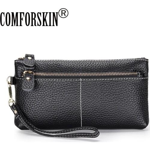 COMFORSKIN Luxurious 100% Genuine Leather Long Clutch Wallet New Arrivals Fashion Wild Temperament Zipper Purse With Hand Rope