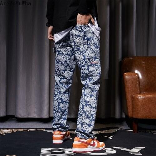 2021 Spring Autumn New Loose Straight Full Printed Jeans Mens Street Hip Hop Tide Brand Casual Washed Cashew Flower Harem Pants