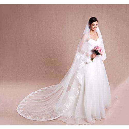 White Ivory Two-tier Cathedral Veils Lace Applique Edge Bridal Veil with Comb Wedding Accessories Veu De Noiva