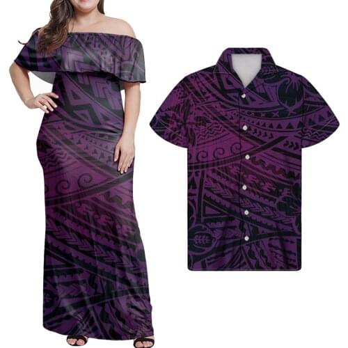 Hycool Wholesale 5xl Plus Size Puletasi Party Couple Wear Polynesian Tribal Stripe Design Purple Ruffle Off Dresses & Men Shirt