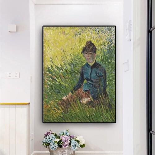 Van Gogh Woman Sitting in the Grass Oil Painting on Canvas Posters and Prints Scandinavian Pop Art Wall Picture for Living Room