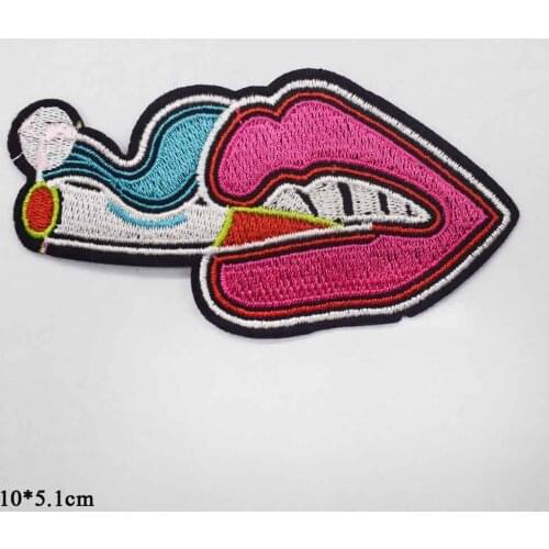Cool Pink Smoking Lip Mouth Iron On Embroidered Clothes Patches For Girl Woman Clothing Stickers Garment Wholesale