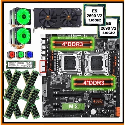 HUANANZHI dual X79 motherboard with 512G NVMe SSD dual CPU Xeon E5 2690 V2 with coolers RAM 128G(8*16G) video card GTX1660 6GD6