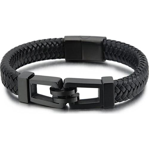 HAOLYNJOY Rectangular Lock Mens Stainless Steel Bracelet Fashion Leather Bracelets Jewelry