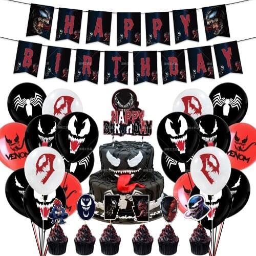Venom Theme Party Decoration Set Boy Superhero Birthday Party Halloween Flag Pulling Cake Card Inserting Latex Balloons Products