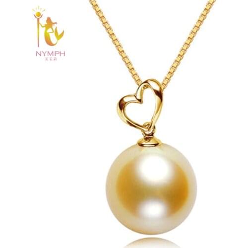 NYMPH genuine high quality 10-11 mm round golden south sea pearl necklace&pendant with real 18 k gold,2018 new style DZ533
