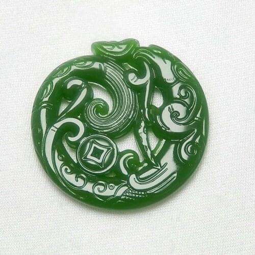 Green Jade Money Dragon Pendant Necklace Chinese Double-Sided Hollow Out Carved Charm Natural Jewelry Fashion for Men Women Gift