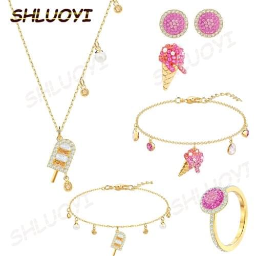 SHLUOYI High Quality SWA New.Elegant Golden Pink Ice Cream Pearl Pendant Clavicle Chain Necklace Romanti Birthday Gift for Women
