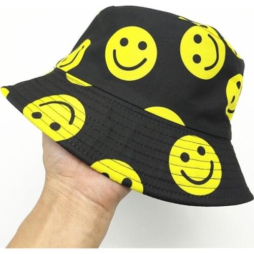 Smile printed bucket hats Rock Hip hop Sun hats Adult casual cotton reverisble fisherman caps panama