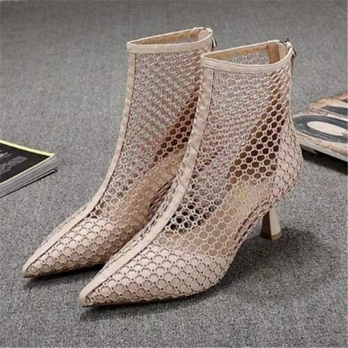 European and American Sexy Hollow Booties Breathable Zipper Mid Heel Sandals Women 's 2021 Summer Pointed Stiletto Heels