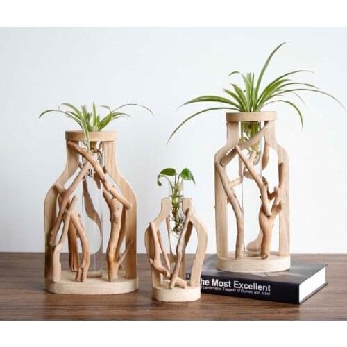 Transparent Vase Handmade Planter Decoration-Flower Test-Tube Hydroponic Glass Wooden