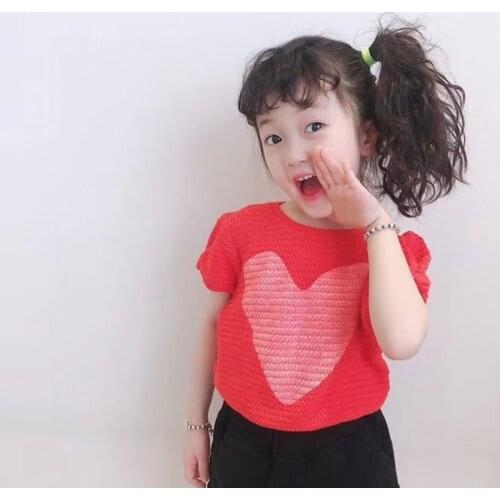 Girls Pullover Love Pattern Knitted Sweater Autumn Short Sleeve Cute Round Neck Sweater
