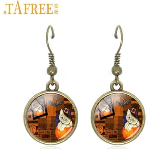 TAFREE 2017 new arrival Halloween dangle earrings pumpkins cat ghost glass art picture drop earrings for women party jewelry J44
