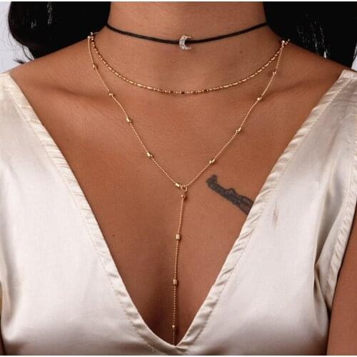 Vintage Long Multi-layers Alloy Leather Rhinestone Moon Necklace Popular Jewelry Chokers Necklaces for women