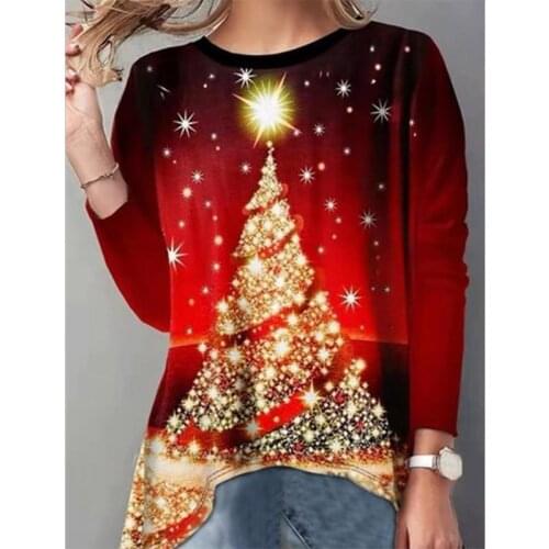 New Lady Christmas Tree Print Round Neck Long Sleeve T-Shirt Top ETSTWENDY Fashion Casual National Style Vintage loose T-Shirt