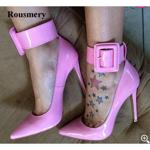 Ladies Charming Pink Patent Leather Pointed Toe Ankle Wrap Pumps Buckle Design Classical Style High Heels Formal Dress Shoes
