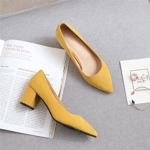 2020 Spring Fashion Block Heel Shoes Woman Elegant High Heesl Pumps Pointed Toe Dress Work Office Ladies Shoes Yellow Pink Red