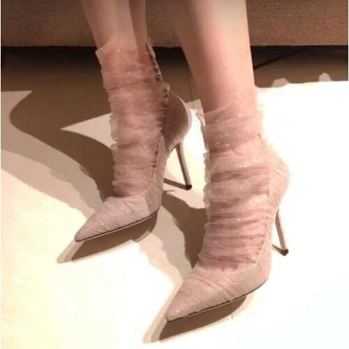 Black Nude Cheap Woman Bling Bling Mesh Lace Crystal Zipper Back Thin Heels Pumps Rhinestone Pointed Toe Wedding Shoes Woman