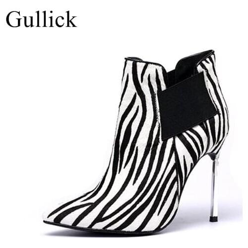 Sexy Pointed Toe Metal Thin Heel Slip On Women Ankle Boots Leopard Print Sexy Boots Fetish Heel Suede Women Winter Shoes