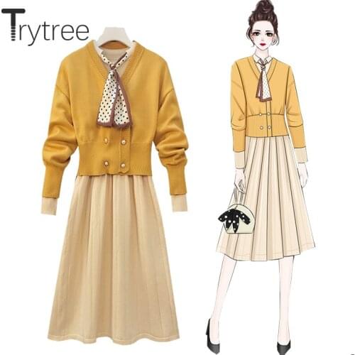 Trytree 2021 Autumn Winter Two Piece Women Set Puff Sleeve Double Breasted Coat + Dot Ribbons Dress Office Lady 2 Piece Suit
