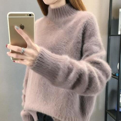Winter Half Turtleneck Mink Sweater Women Pullover Korean Long Sleeve Pull Femme Loose Plus Size Solid Jumper Ladies Tops G644