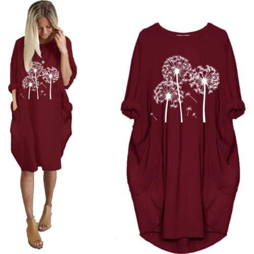 Womens Fall Midi Dress Long Sleeve Dresses Dandelion Print O Neck Loose Pocket Casual Vintage Vestidos Robe Femme Autumn Dress
