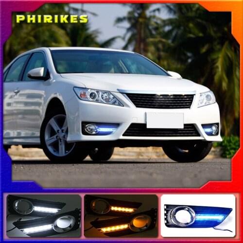 1 Pair Car LED DRL Daytime Running Lights fog lamp cover Daylight Turn yellow and night blue For Toyota Camry 2012