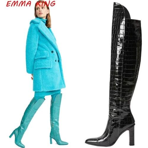 2020 Women Chunky Heels Knee High Crocodile Boots Pointed Toe Runaway Shoes Woman Winter Side Zipper High Heels Sexy Long Boots